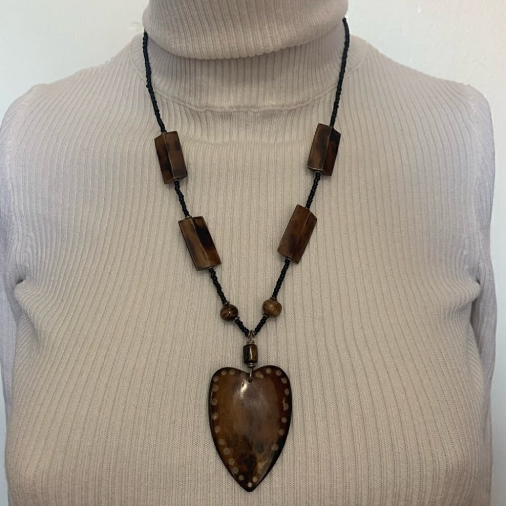 BOHO style necklace seed beads large brown pendant